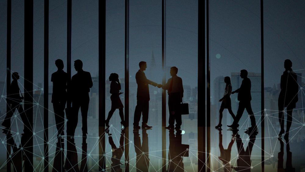 Business team collaboration in a modern office lobby